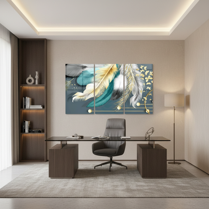 Teal & Gold Feathers Glass Wall Art