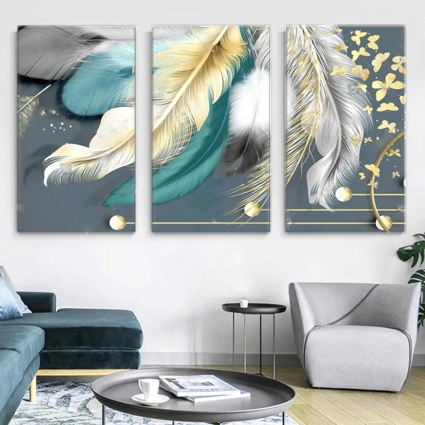 Teal & Gold Feathers Glass Wall Art