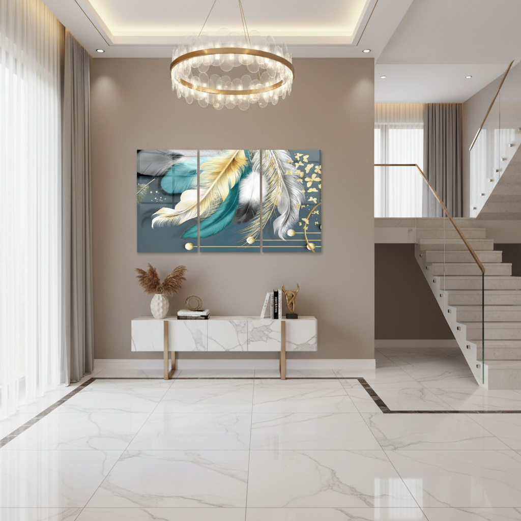Teal & Gold Feathers Glass Wall Art