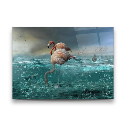 Flamingo et l'océan Tableau en Verre Trempé