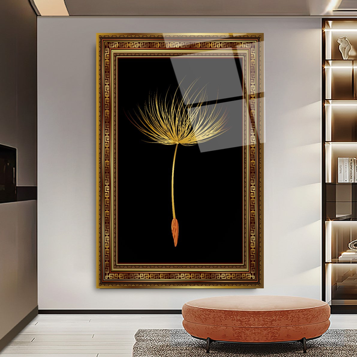 Tableau mural en verre représentant un pissenlit doré