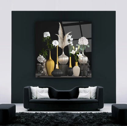 Silver and Gold Vases Glass Wall Art - LUXARTDECO