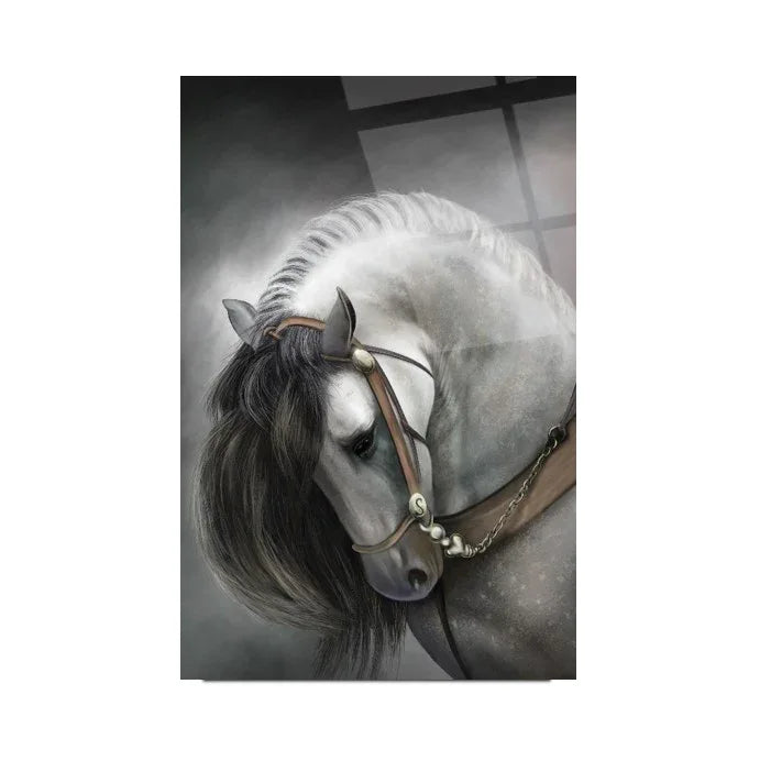 Grey Horse Glass Wall Art - LUXARTDECO