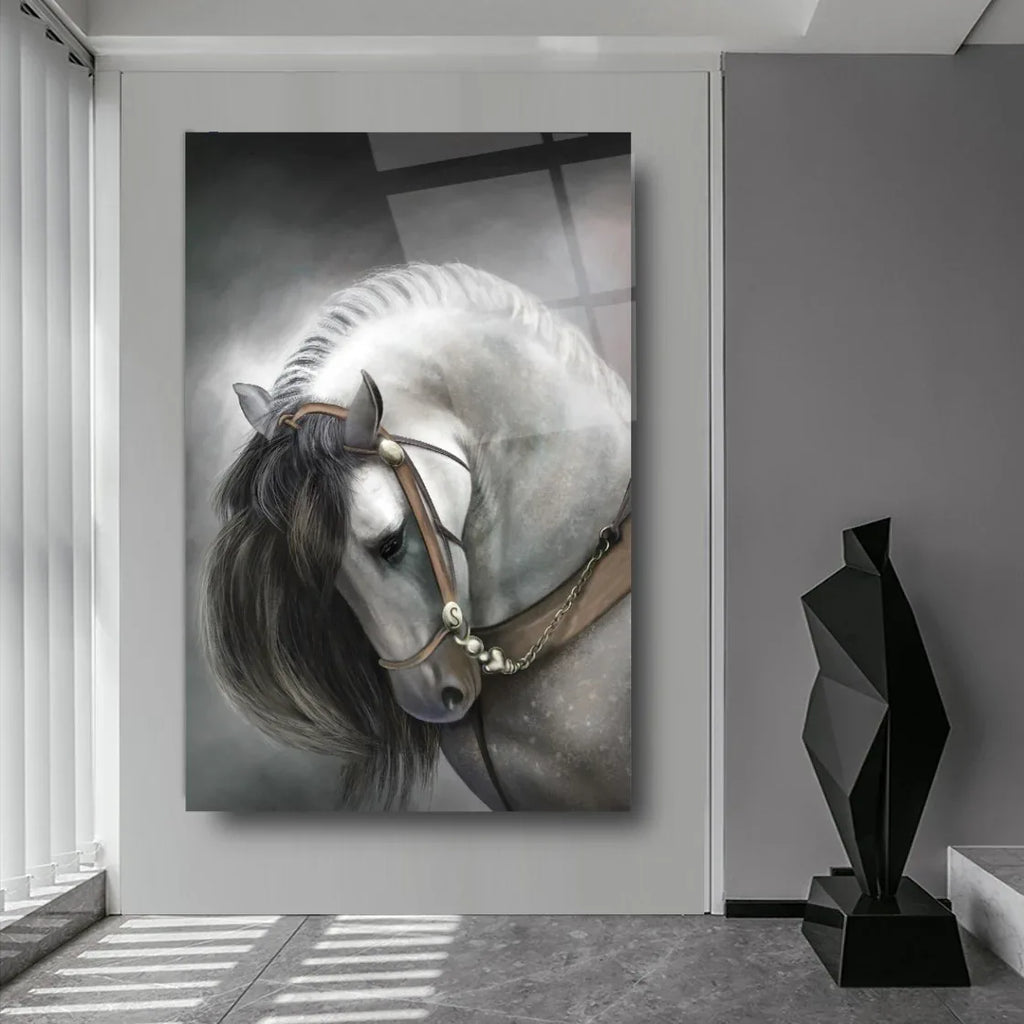Grey Horse Glass Wall Art - LUXARTDECO