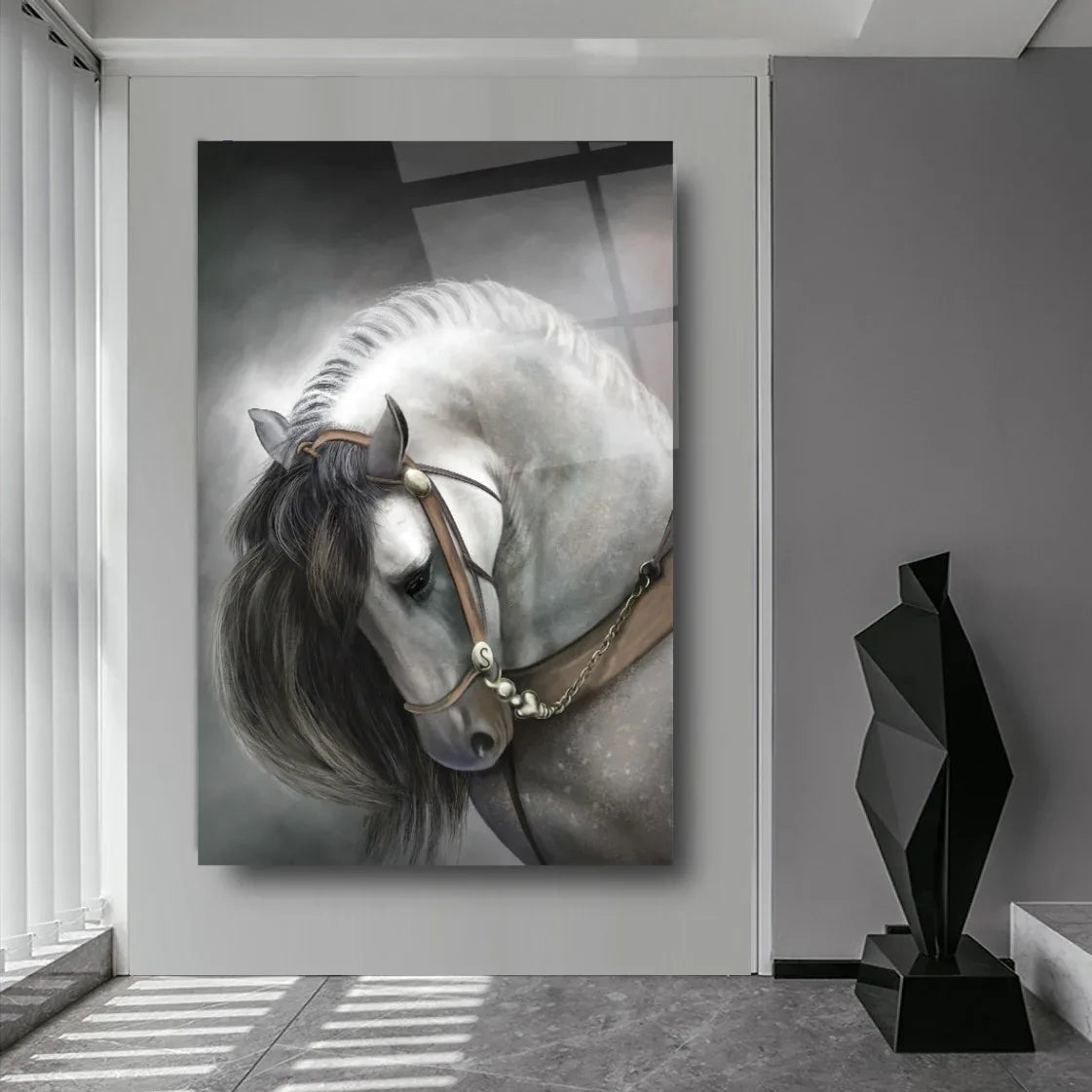 Grey Horse Glass Wall Art - LUXARTDECO