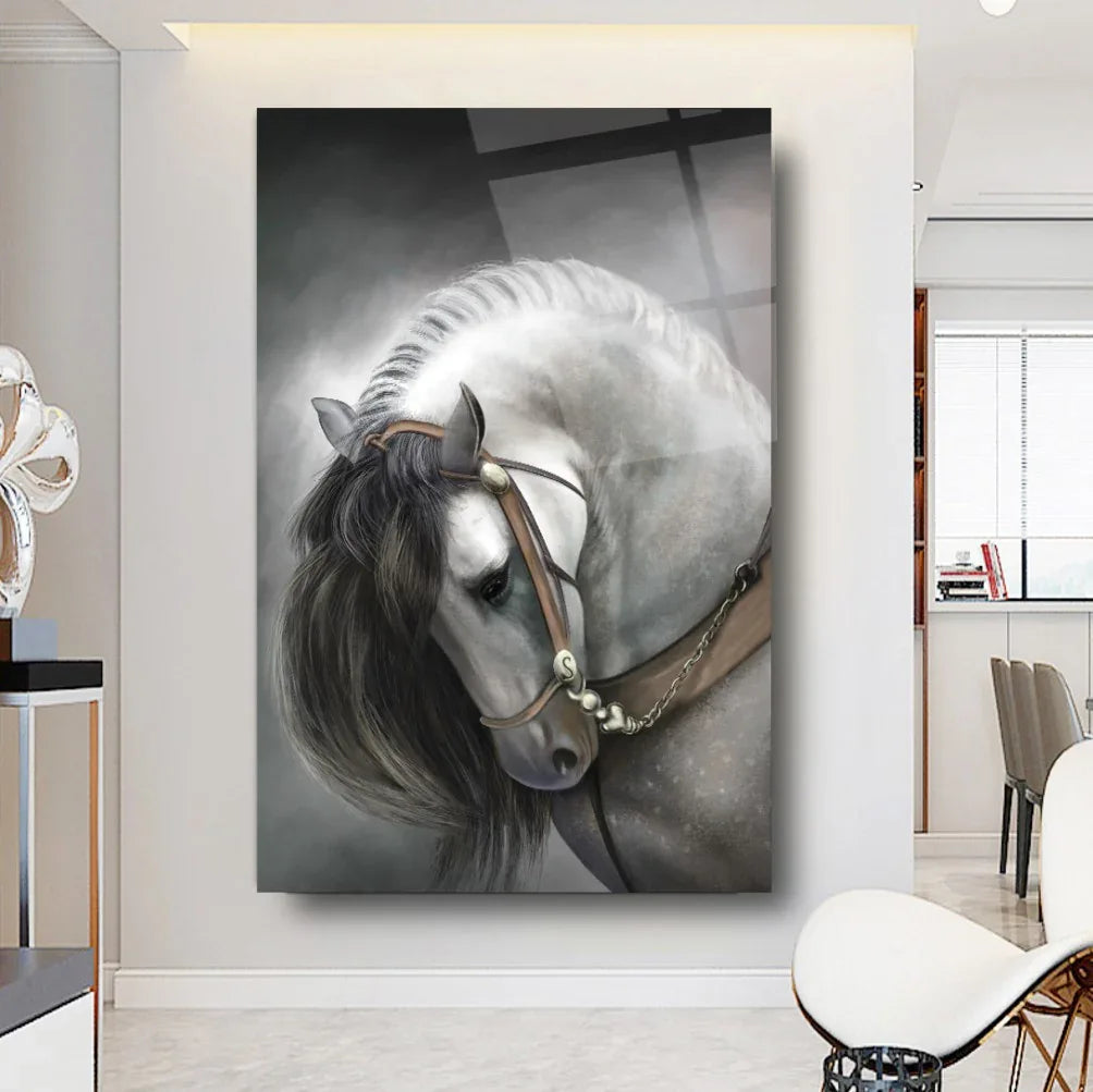 Grey Horse Glass Wall Art - LUXARTDECO