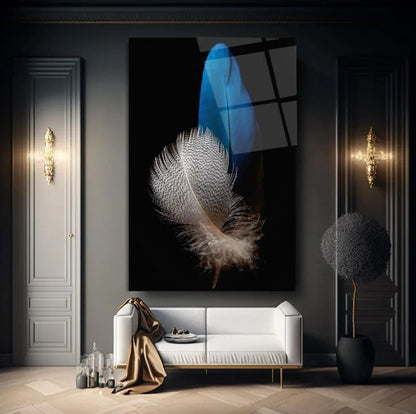 Gray and Blue Feathers Glass Wall Art - LUXARTDECO