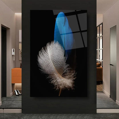 Gray and Blue Feathers Glass Wall Art - LUXARTDECO