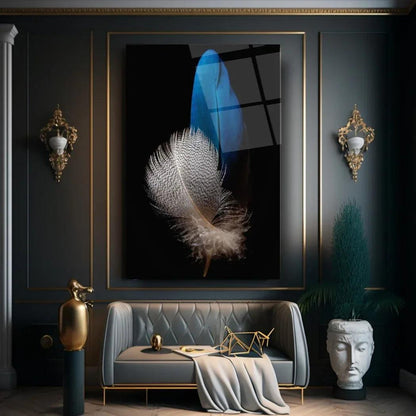 Gray and Blue Feathers Glass Wall Art - LUXARTDECO