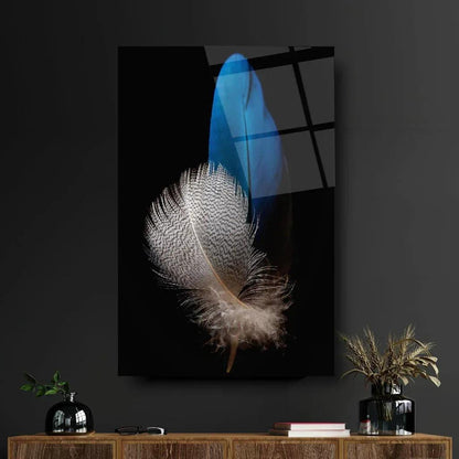 Gray and Blue Feathers Glass Wall Art - LUXARTDECO