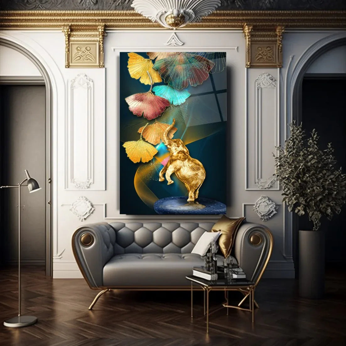 Golden Elephant Glass Wall Art - LUXARTDECO