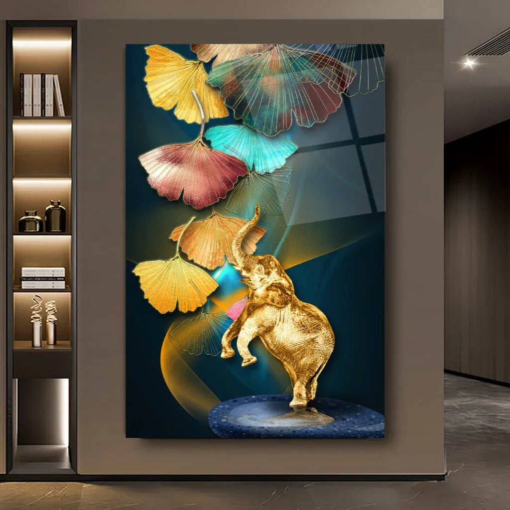 Golden Elephant Glass Wall Art - LUXARTDECO