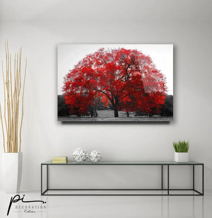 Red Tree Glass Wall Art - LUXARTDECO