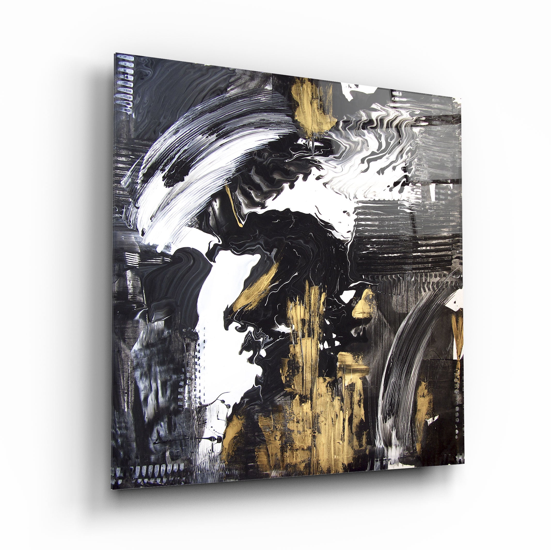 Art mural abstrait en verre or et noir