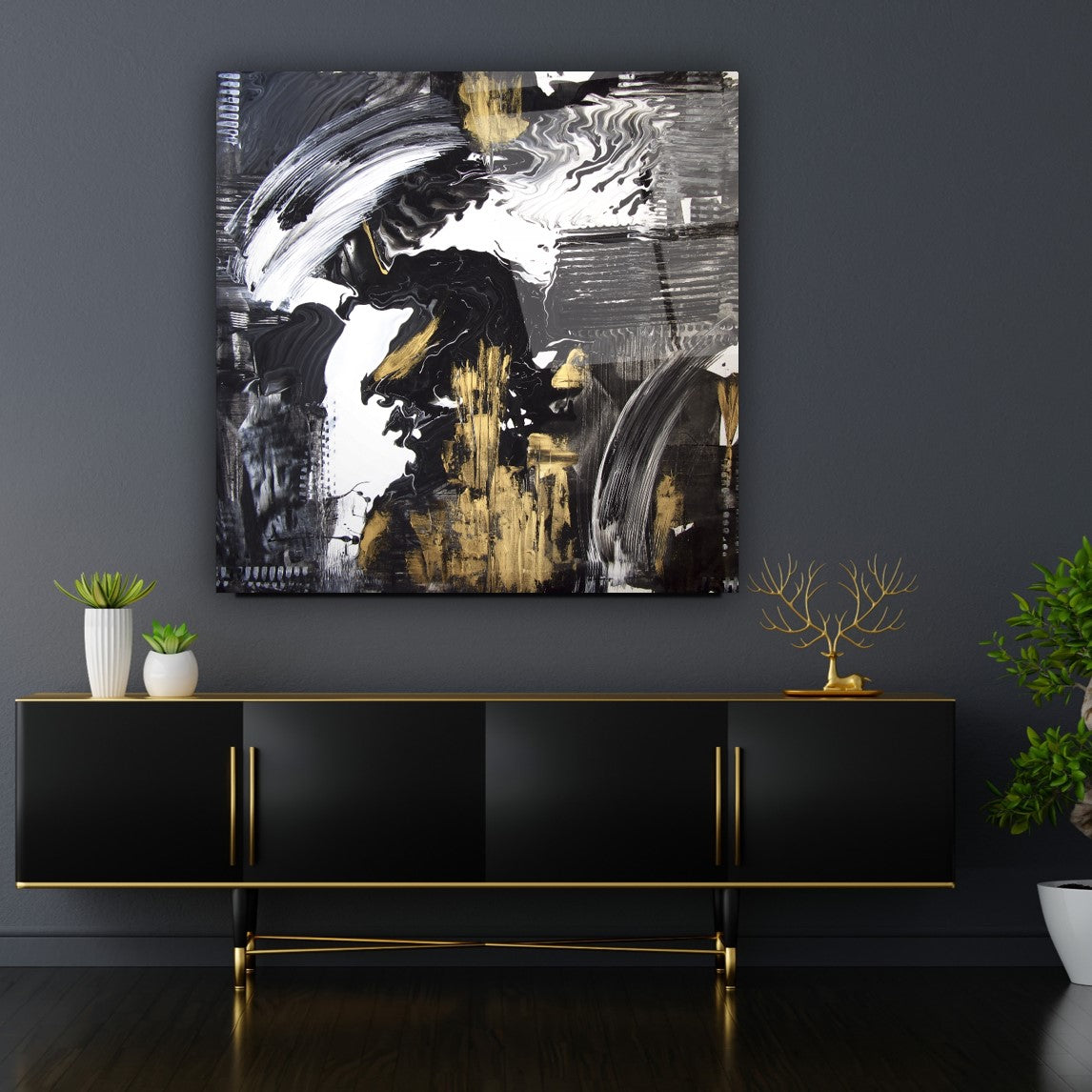 Art mural abstrait en verre or et noir