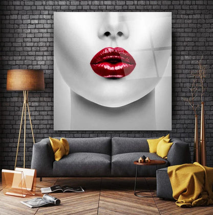 Red Lipstick Woman Glass Wall Art - LUXARTDECO