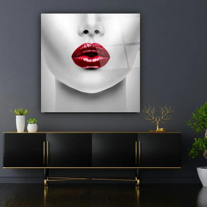 Red Lipstick Woman Glass Wall Art - LUXARTDECO