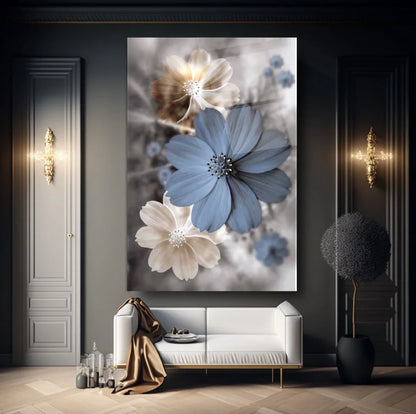 Blue & Beige Flower Glass Wall Art - LUXARTDECO
