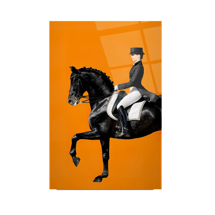 Décoration murale en verre représentant une femme chevauchant un cheval