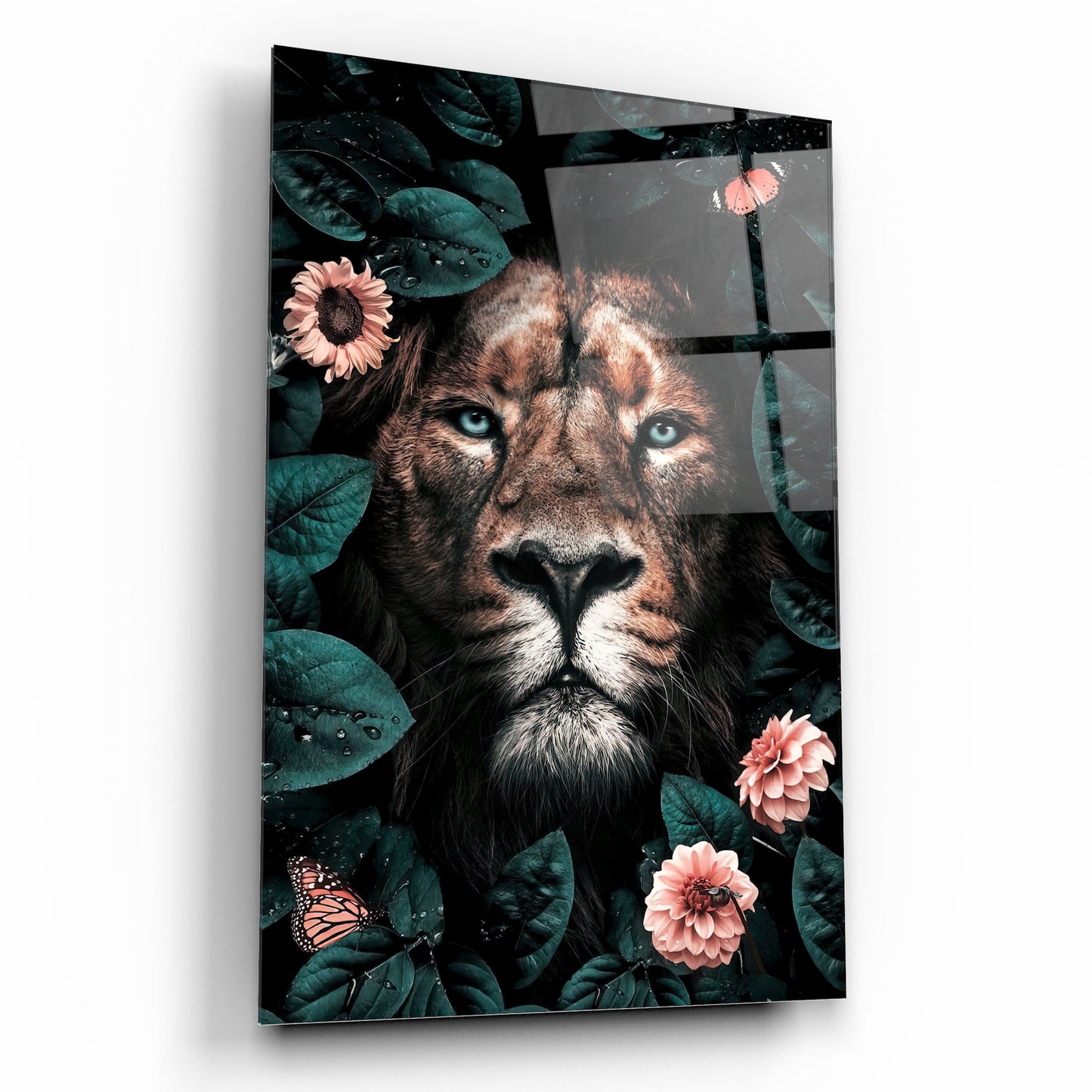 Leone e Fiori Quadro in Vetro Temperato