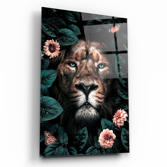 Le Lion et les Fleurs Tableau en Verre Trempé