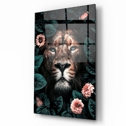 Leone e Fiori Quadro in Vetro Temperato