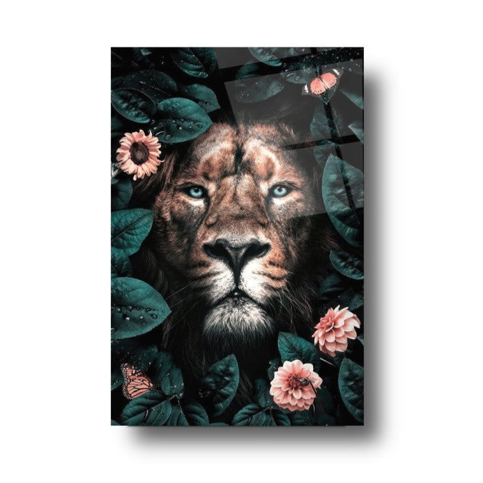 Leone e Fiori Quadro in Vetro Temperato
