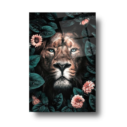 Leone e Fiori Quadro in Vetro Temperato