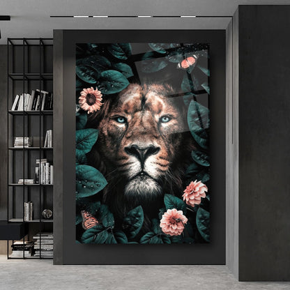 Leone e Fiori Quadro in Vetro Temperato