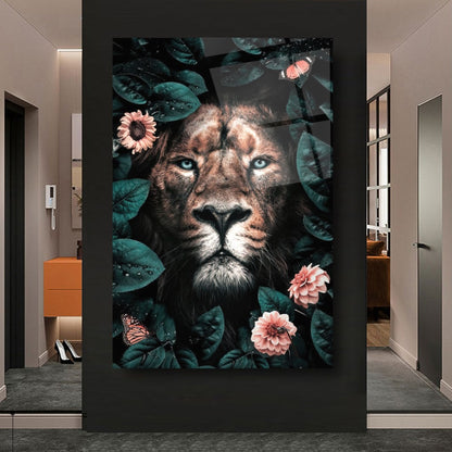 Leone e Fiori Quadro in Vetro Temperato