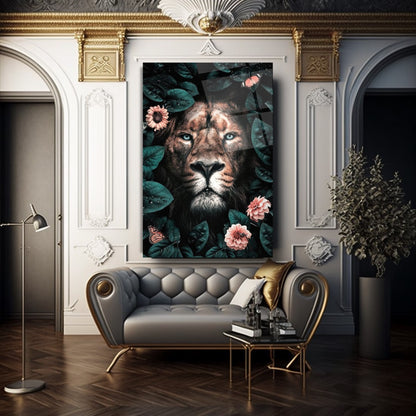 Leone e Fiori Quadro in Vetro Temperato