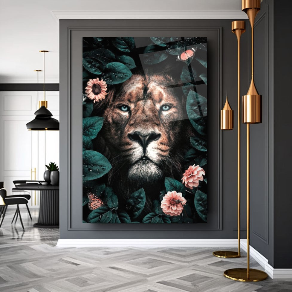 Leone e Fiori Quadro in Vetro Temperato