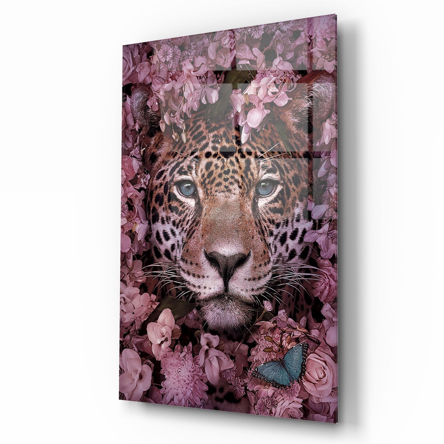 Leopardo e Fiori Quadro in Vetro Temperato