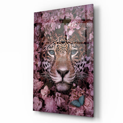 Leopardo e Fiori Quadro in Vetro Temperato