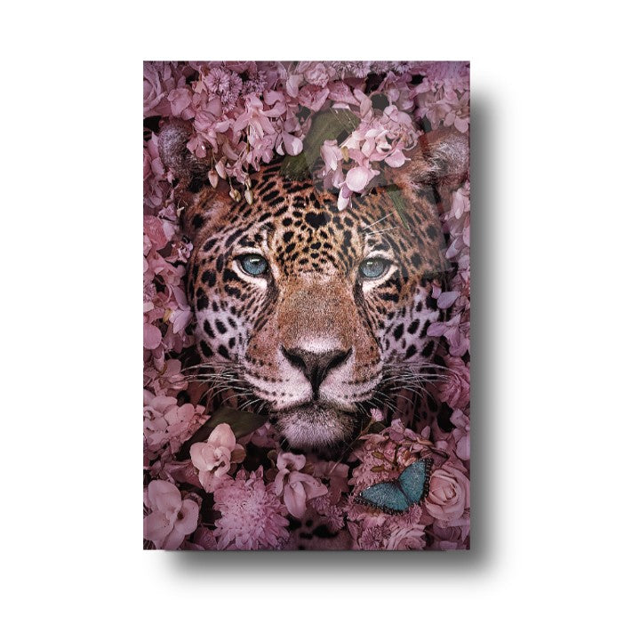 Leopardo e Fiori Quadro in Vetro Temperato