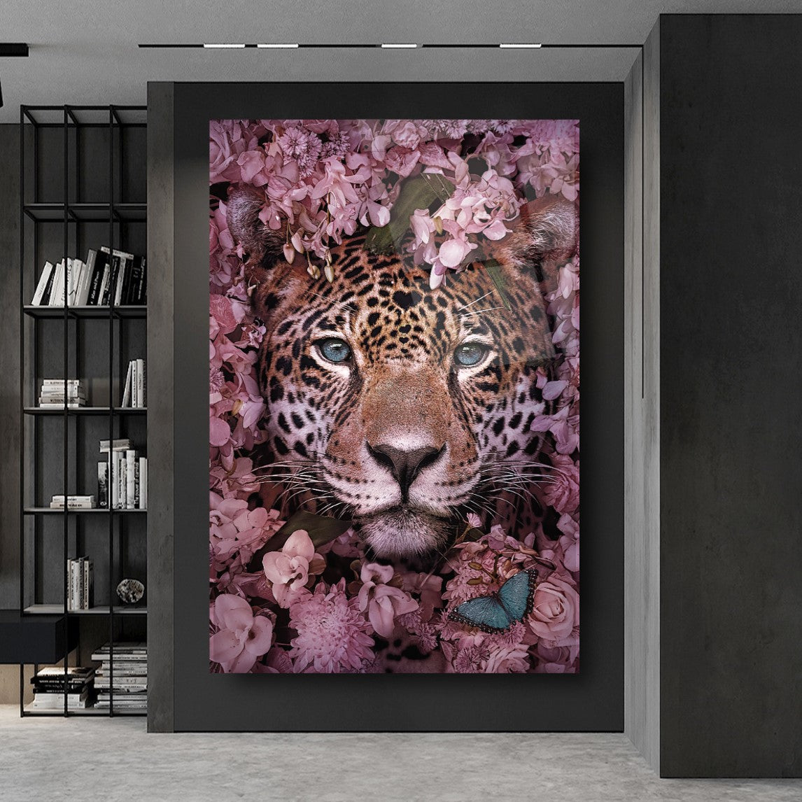Leopardo e Fiori Quadro in Vetro Temperato