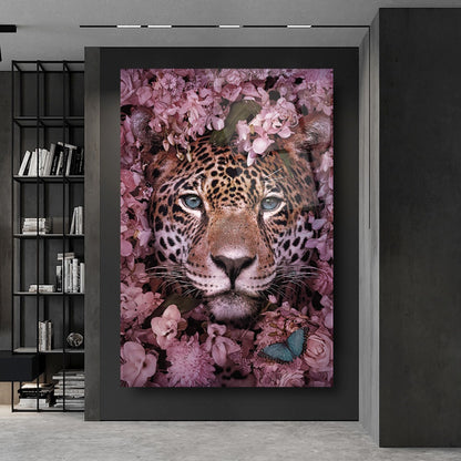 Leopardo e Fiori Quadro in Vetro Temperato
