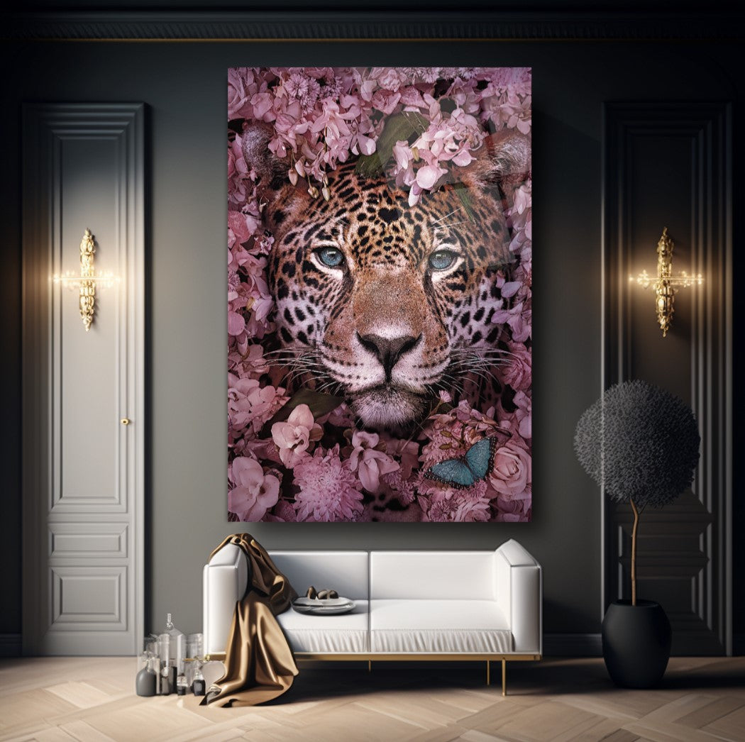 Leopardo e Fiori Quadro in Vetro Temperato