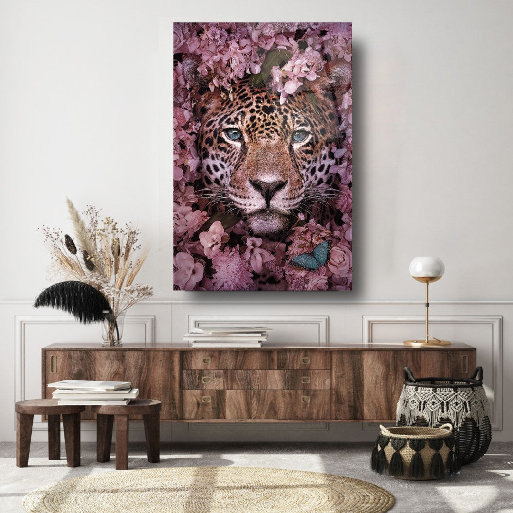 Leopardo e Fiori Quadro in Vetro Temperato