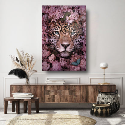 Leopardo e Fiori Quadro in Vetro Temperato