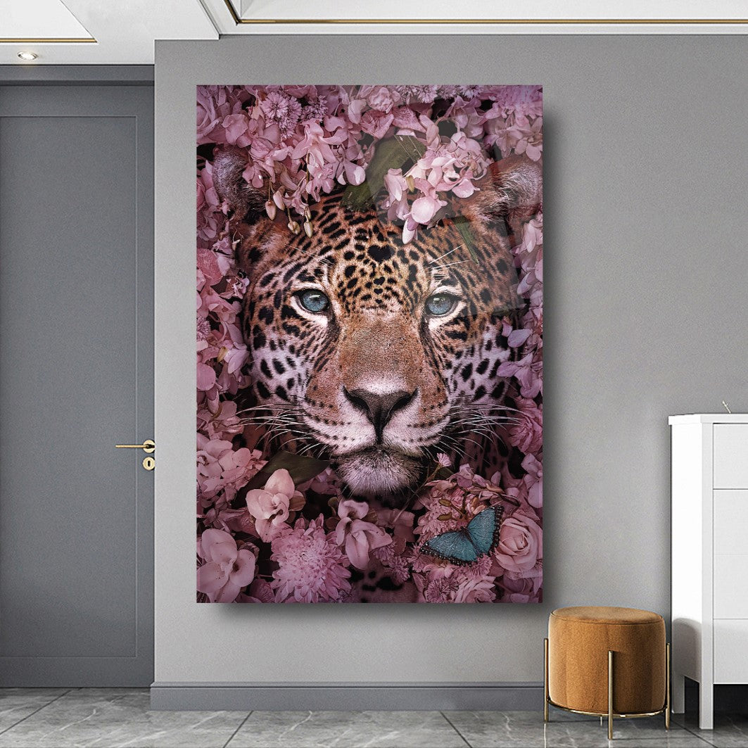 Leopardo e Fiori Quadro in Vetro Temperato