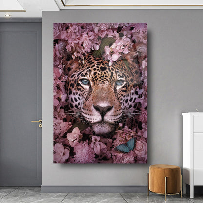 Leopardo e Fiori Quadro in Vetro Temperato