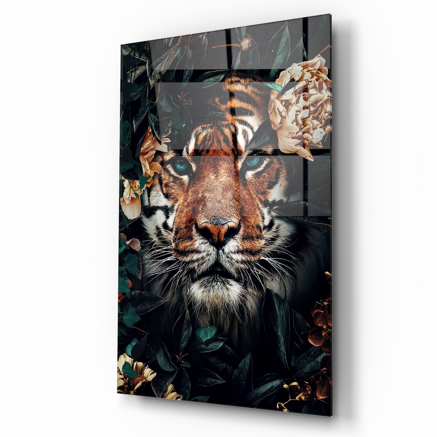 Tigre e Fiori Quadro in Vetro Temperato