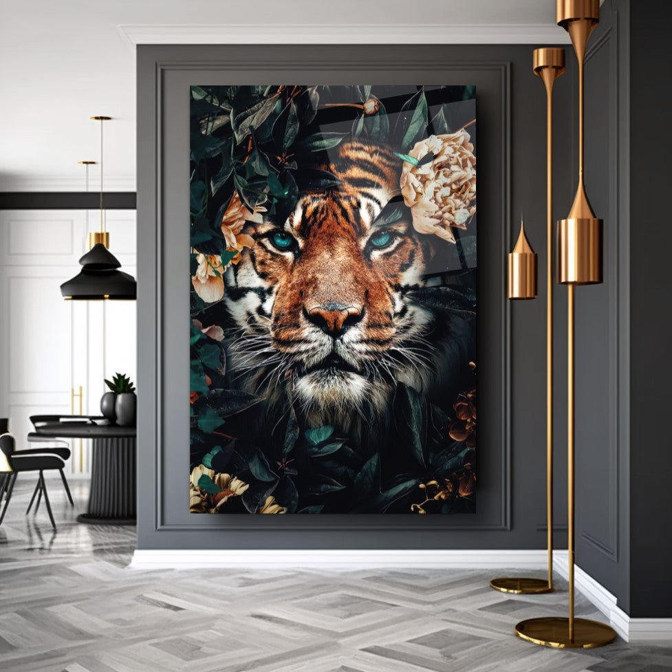 Tigre e Fiori Quadro in Vetro Temperato