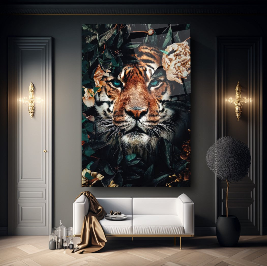 Tigre e Fiori Quadro in Vetro Temperato