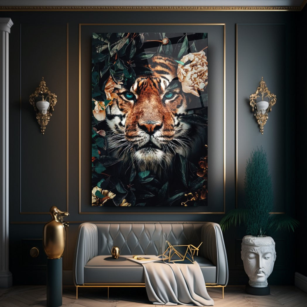 Tigre e Fiori Quadro in Vetro Temperato