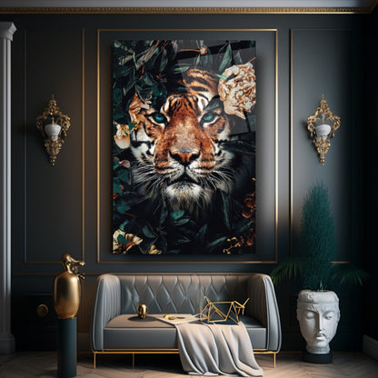 Tigre e Fiori Quadro in Vetro Temperato