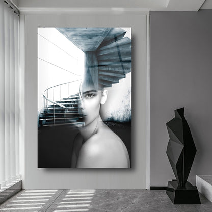 Ragazza e Scale Quadro in Vetro Temperato
