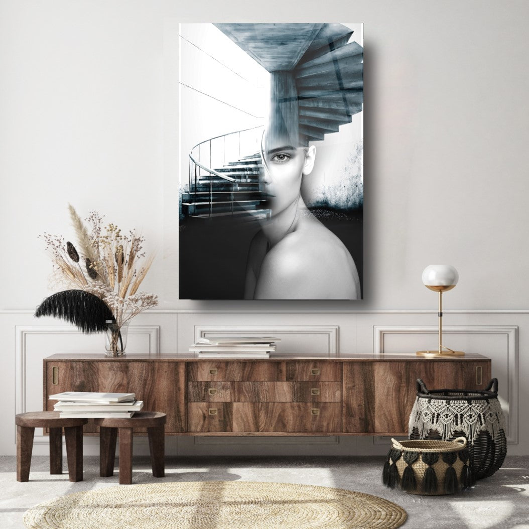 Ragazza e Scale Quadro in Vetro Temperato