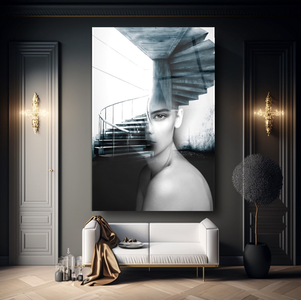 Ragazza e Scale Quadro in Vetro Temperato